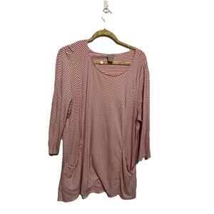 CHICOS Womens Knit TOP 3/4 Sleeve RED White STRIPE Pockets Size 3